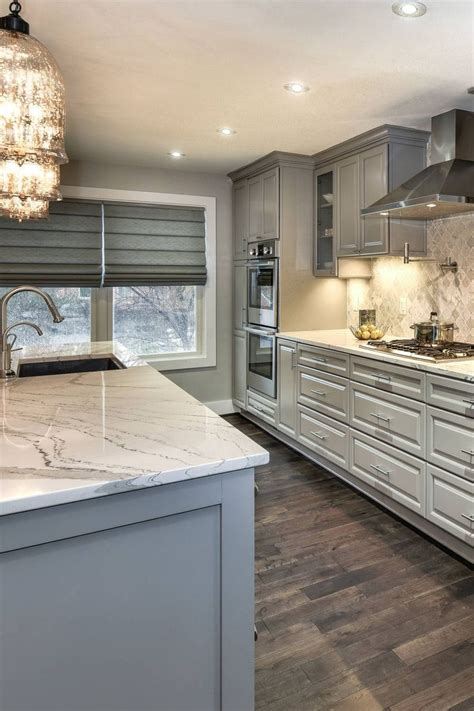 white quartz countertops gray cabinets